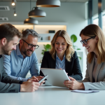 Groupe diversifié de collaborateurs utilisant des tablettes