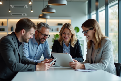Groupe diversifié de collaborateurs utilisant des tablettes