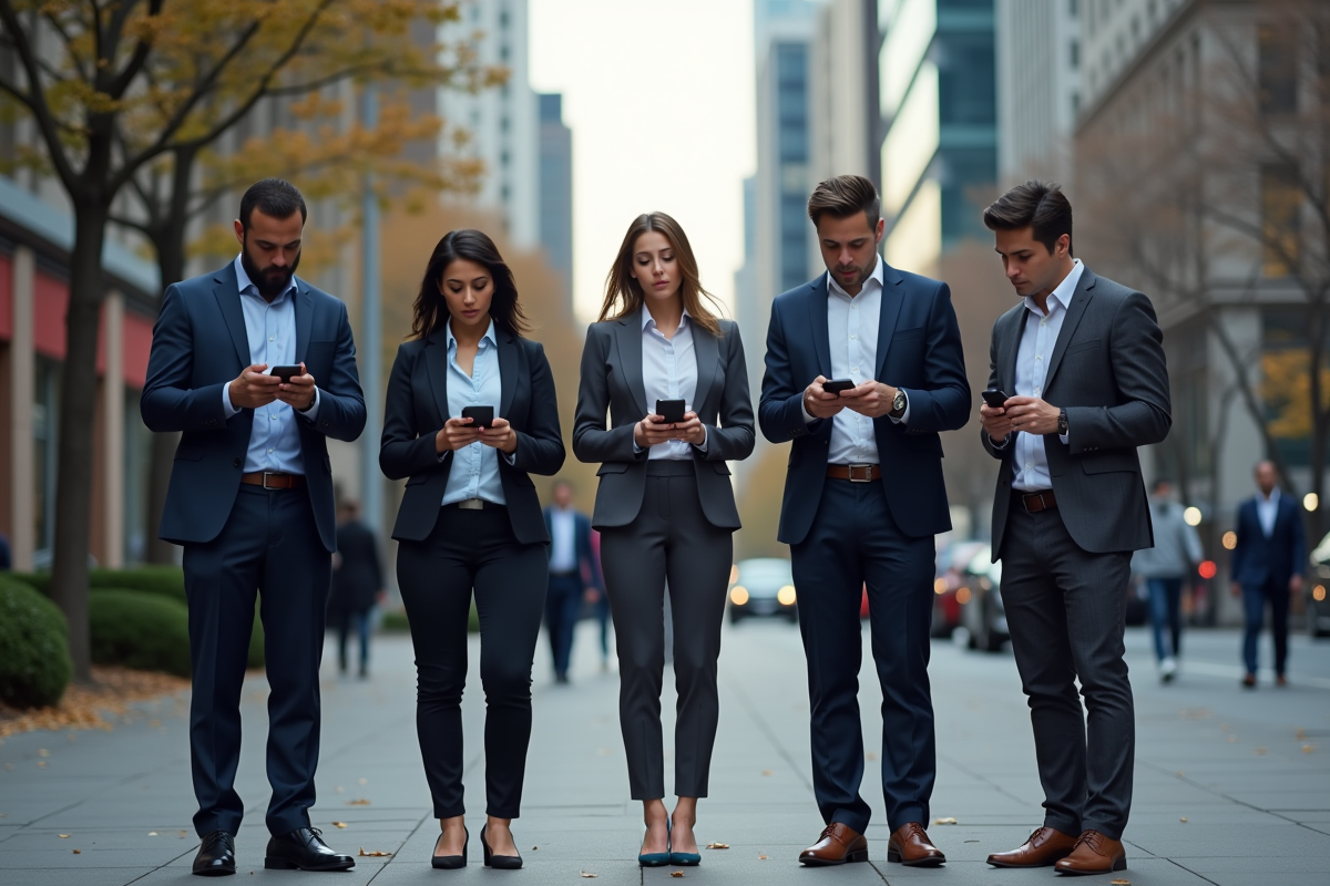 Groupe divers d adultes regardant leurs smartphones dans la ville