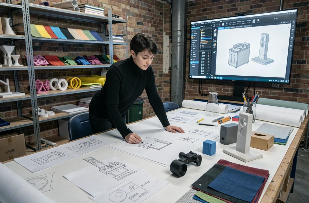 Designer d'une agence de design et innovation à Lyon travaillant sur des maquettes créatives et des prototypes dans un studio industriel