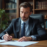 Homme d'affaires bilingue examine des documents officiels au bureau