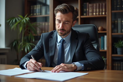 Homme d'affaires bilingue examine des documents officiels au bureau