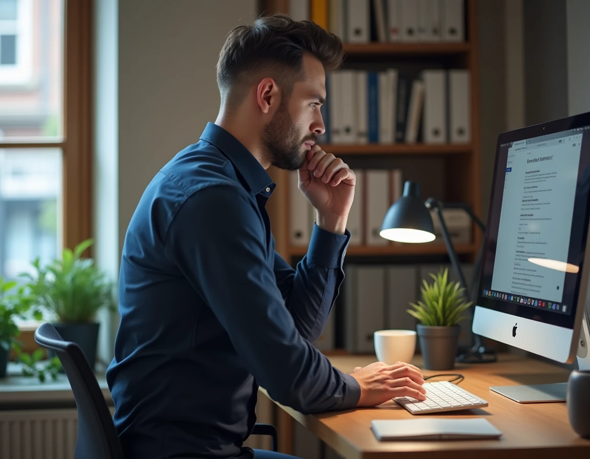 Homme d'affaires en réflexion devant un écran affichant un email de relance professionnelle dans son bureau