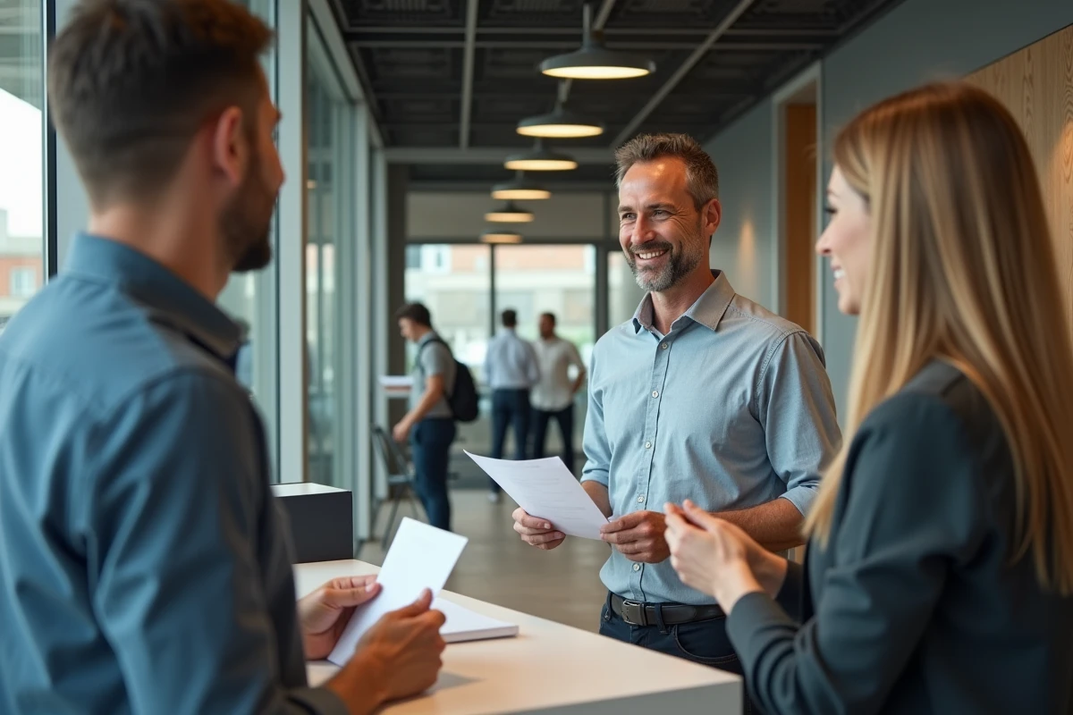 Homme d age moyen parlant avec une receptionniste dans une agence Geodis