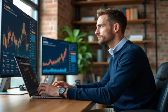 Un homme concentré analyse des graphiques de revenus en ligne et des tableaux de bord financiers sur un double écran dans un bureau moderne à domicile, illustrant les conseils business pour sécuriser ses revenus numériques