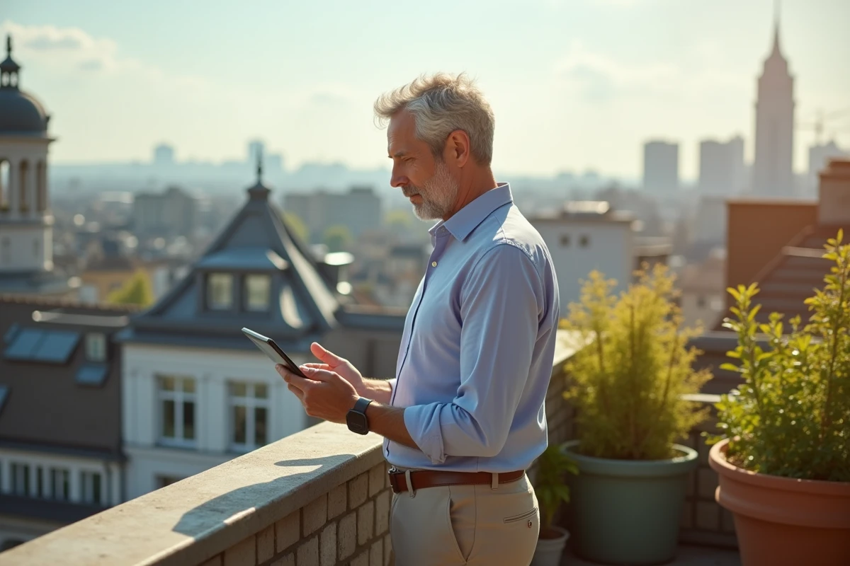 Homme détendu regardant la ville depuis un balcon ensoleille