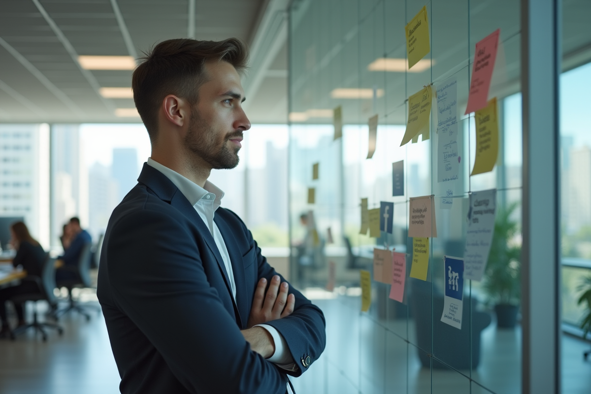 Jeune homme professionnel pensif dans un bureau moderne avec notes et icônes