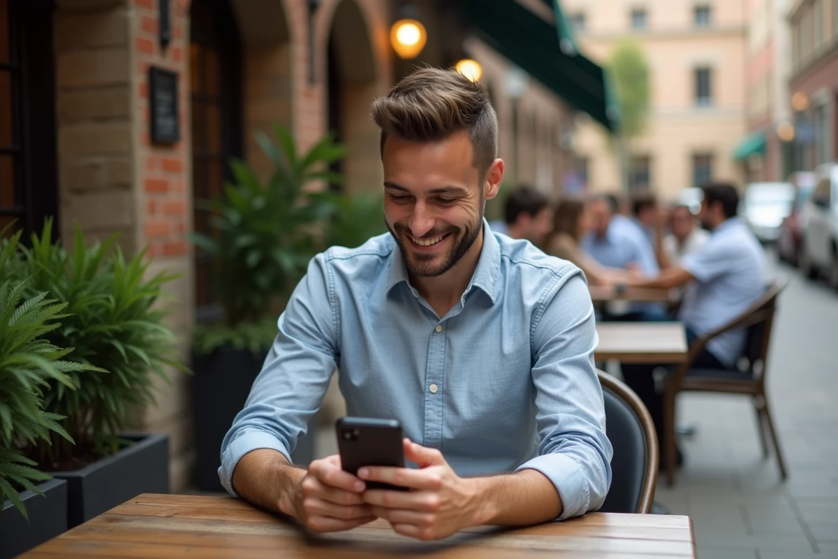 Homme détendu vérifiant ses mises à jour LinkedIn au café