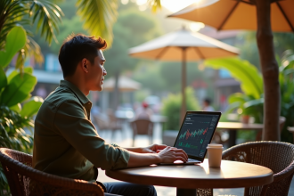 Homme pensif au café à Chiang Mai avec ordinateur et nature