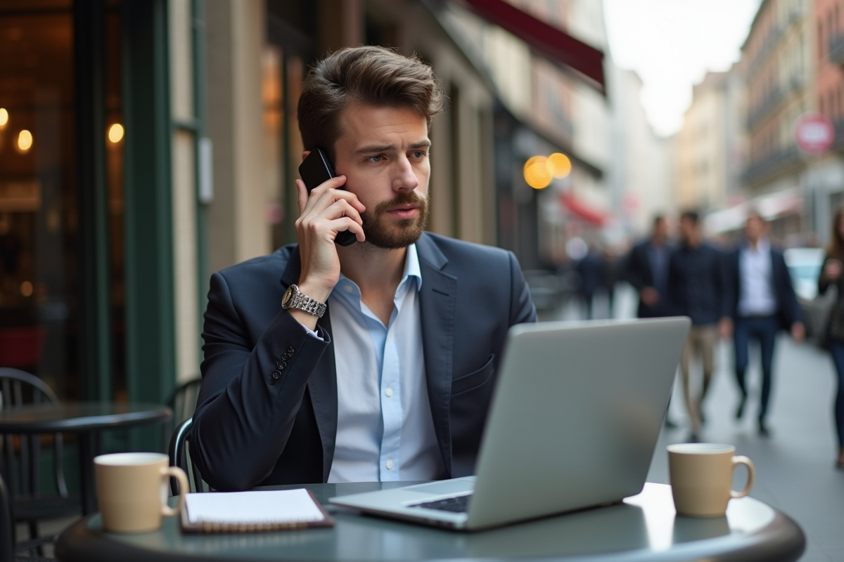 Jeune homme professionnel parlant au téléphone dans un café urbain