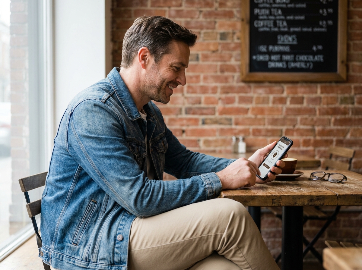Homme détendu vérifiant son application de fidélité au café