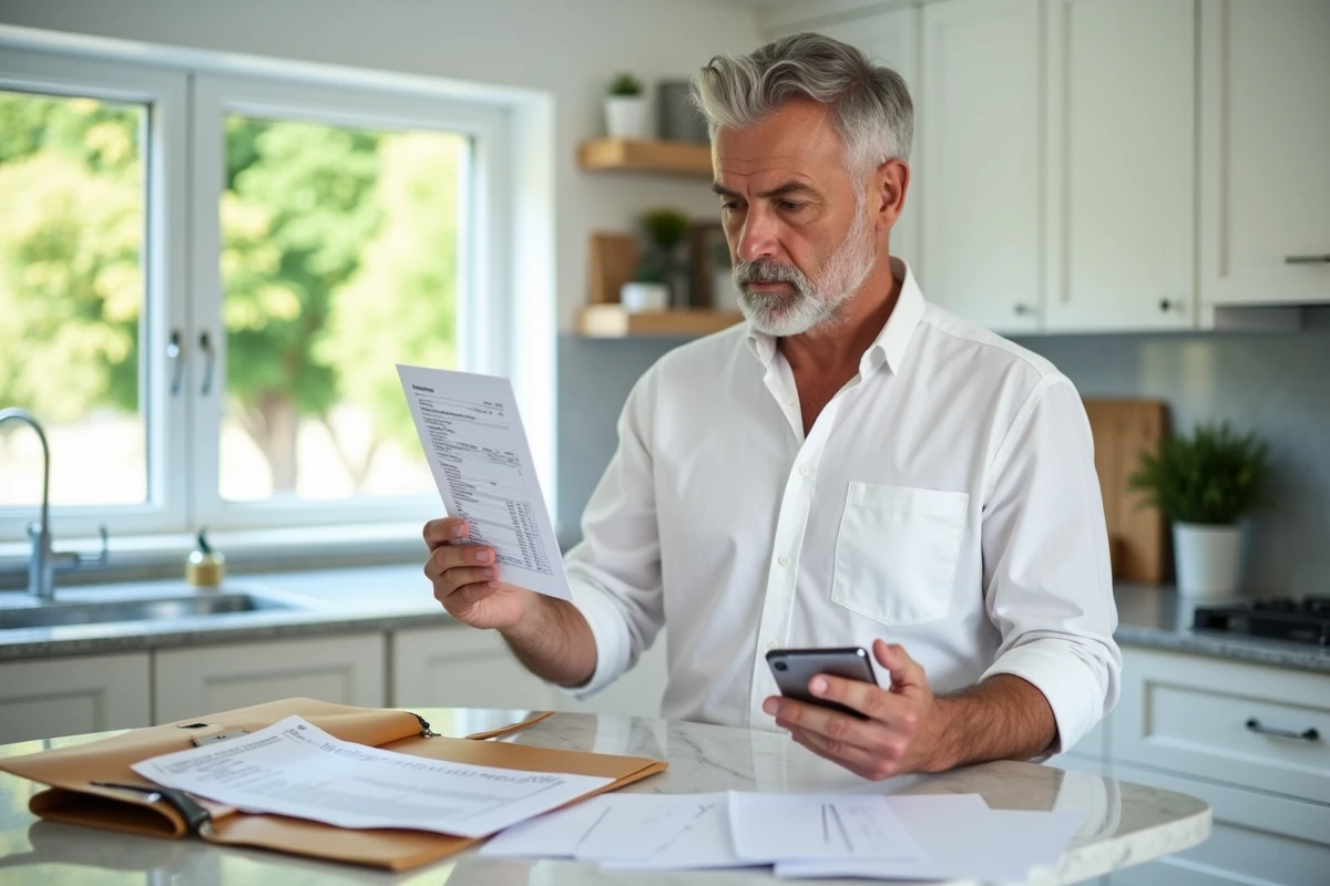 Homme comparant un bulletin de paie papier et une solution numérique de stockage sécurisé sur smartphone