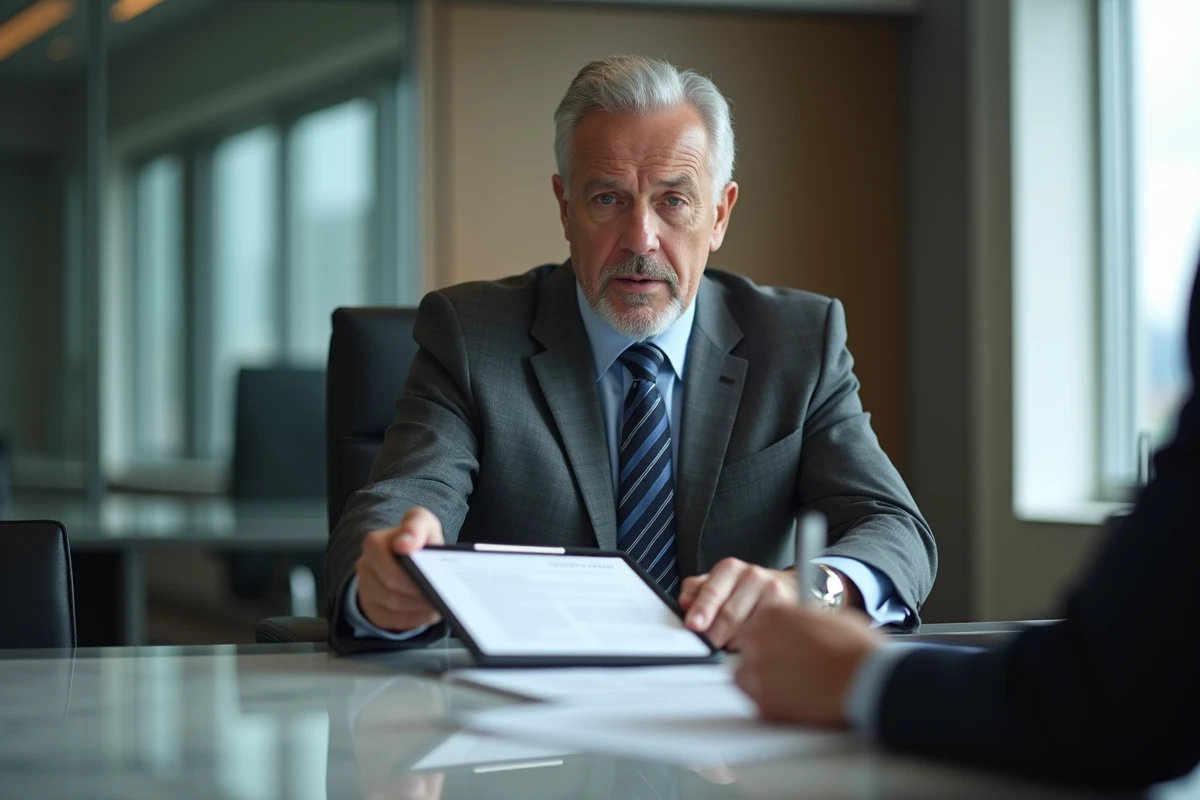 Homme en costume noir tendant un contrat lors d