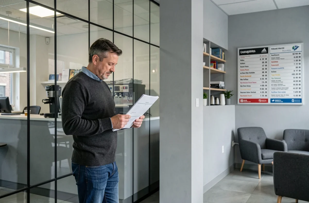 Homme consultant des documents dans un espace de coworking abordable avec tableau des tarifs visible à Rodez