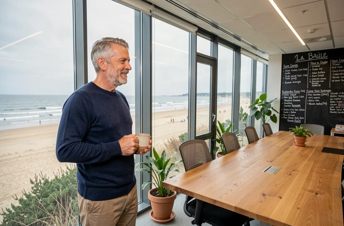 Homme en pull marin observant la plage de La Baule depuis un espace de coworking moderne