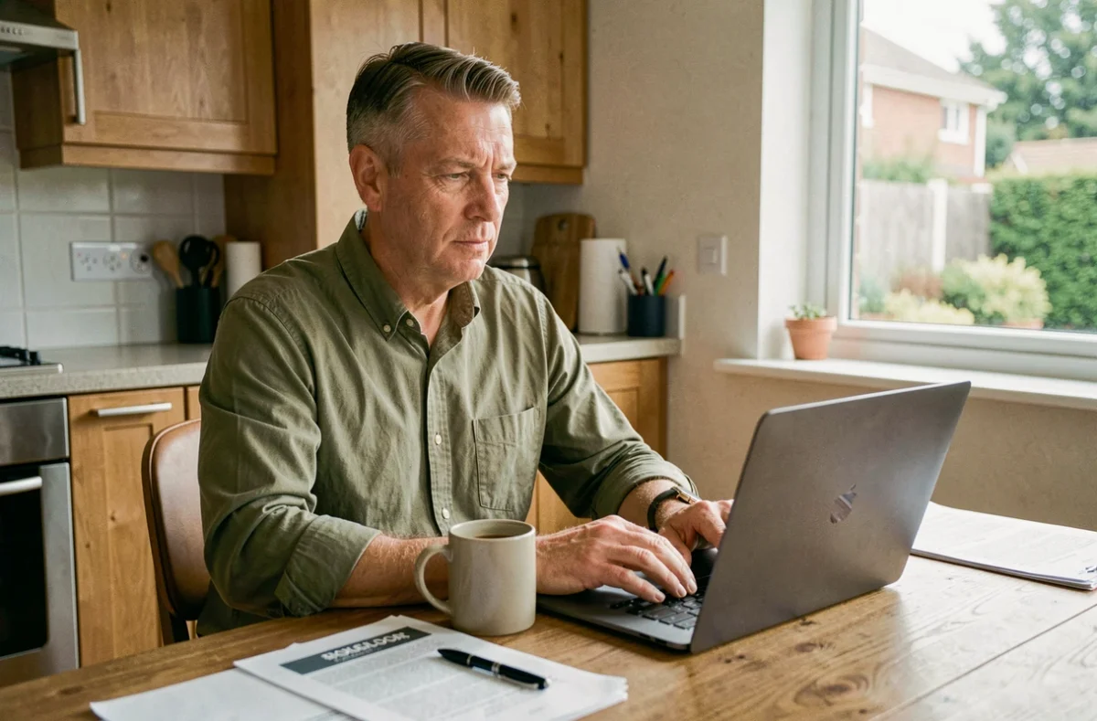 Homme de 50 ans consultant un site de création d'entreprise sur son ordinateur portable chez lui, illustrant l'entrepreneuriat après 40 ans