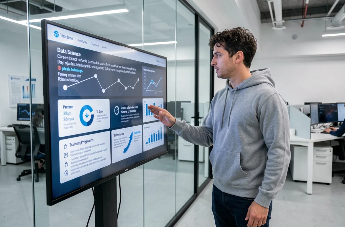 Jeune homme présentant des offres d'emploi et formations data sur un écran interactif dans un centre de formation technologique