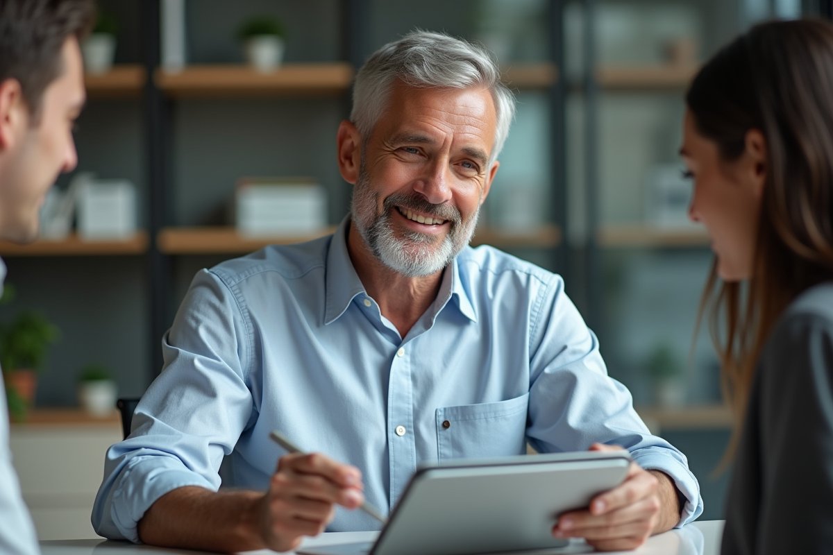 Homme souriant expliquant des graphiques financiers à un collègue