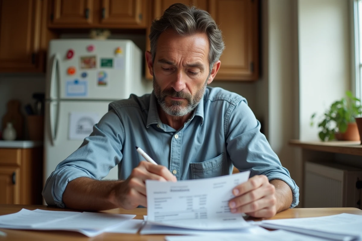 Homme d age moyen vérifiant une facture à la maison