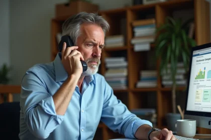 Homme frustré au téléphone avec le service client France Télécom, entouré de documents administratifs sur son bureau