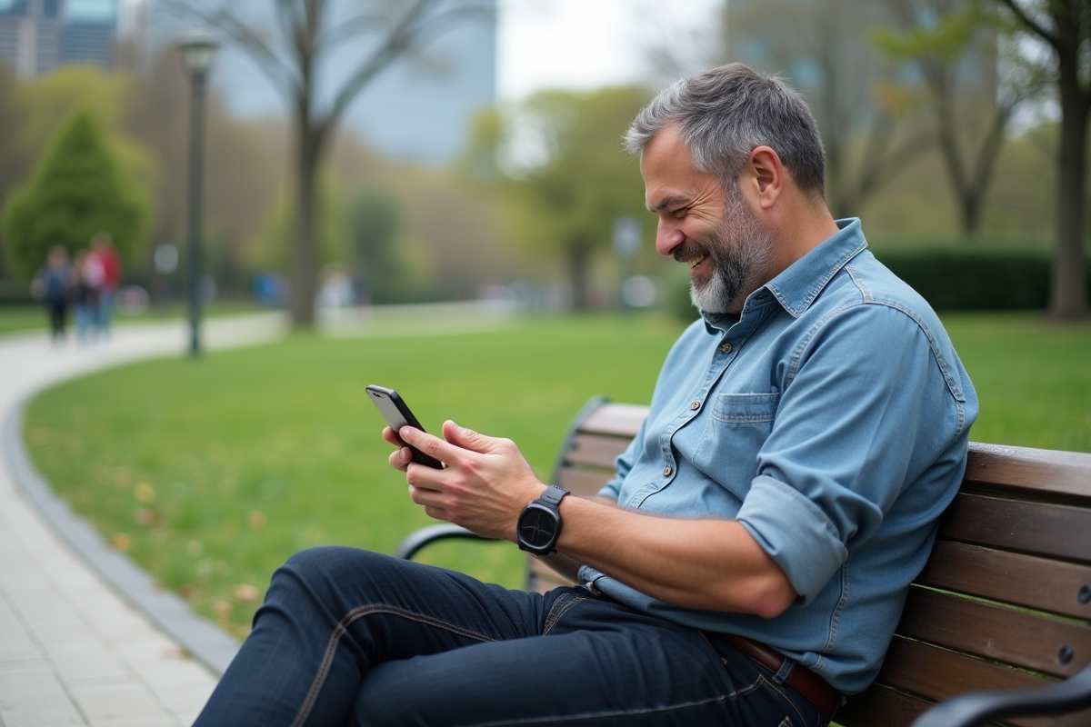 Homme assis dans un parc urbain utilisant son smartphone