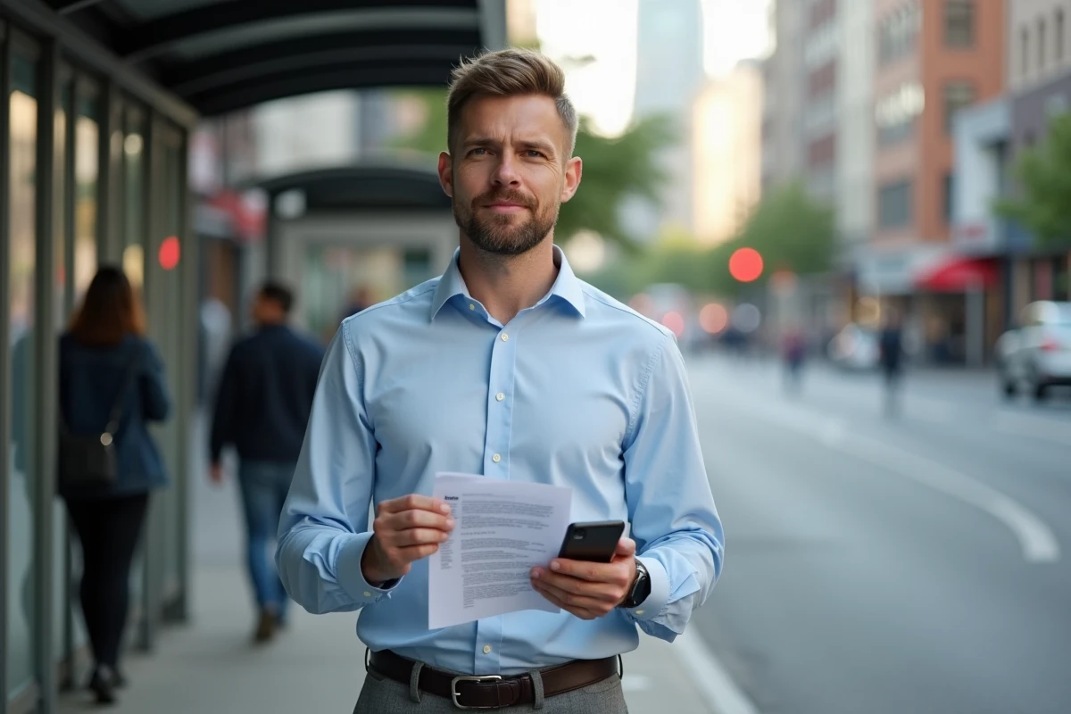 Homme en ville tenant un CV et un smartphone lors d