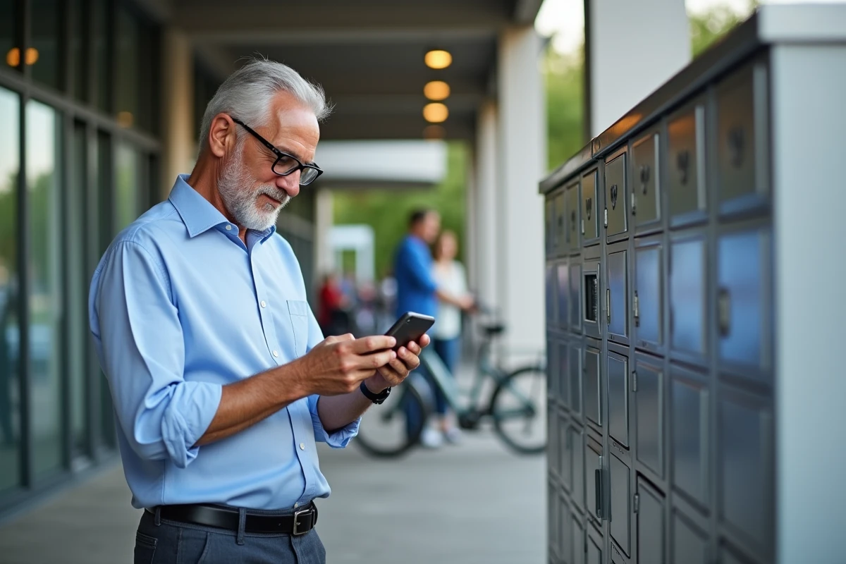 Homme vérifiant son colis dans un point relais urbain