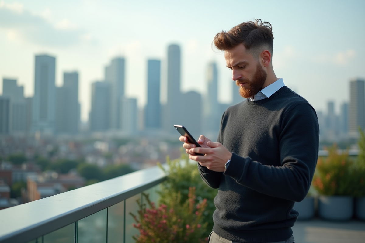 Jeune homme sur un rooftop urbain utilisant son smartphone