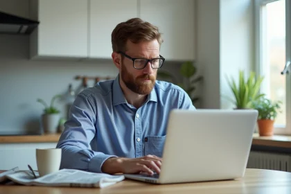 Homme sceptique au bureau cuisine avec ordinateur portable