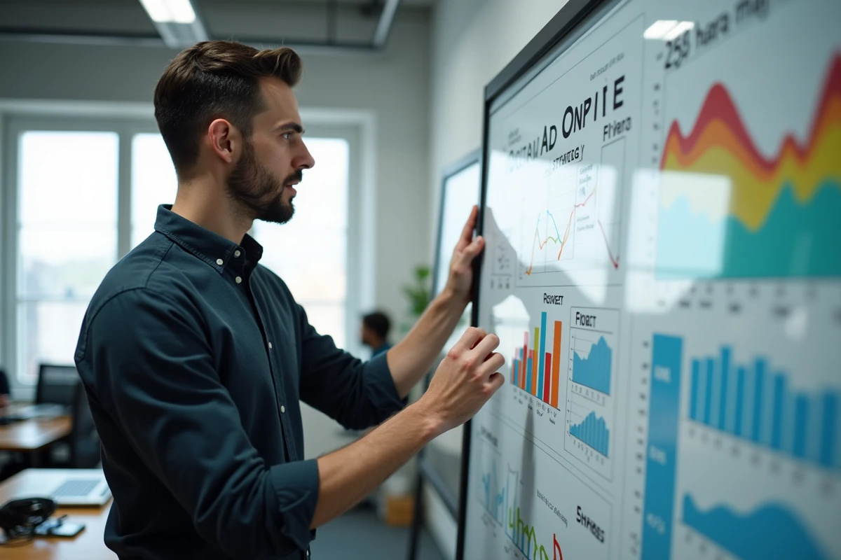 Homme expliquant strategie publicitaire tableau blanc