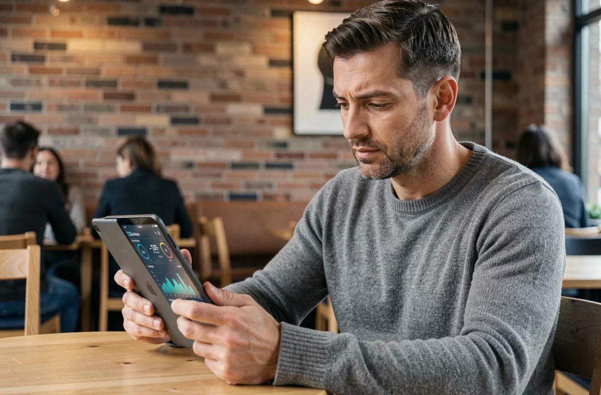 Homme consultant son espace de suivi d'activité sur une tablette dans un café moderne