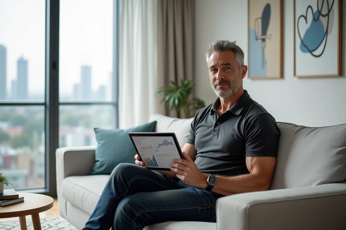 Un homme d'affaires expérimenté consulte des rapports de revenus en ligne sur une tablette dans un appartement moderne avec vue sur la ville, représentant les stratégies pour sécuriser et diversifier ses sources de revenus numériques