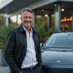 Homme debout près d'une voiture électrique moderne en concession