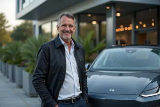 Homme debout près d'une voiture électrique moderne en concession