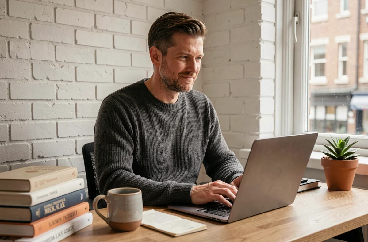 Travailleur indépendant en portage salarial travaillant depuis son bureau à domicile avec ordinateur portable