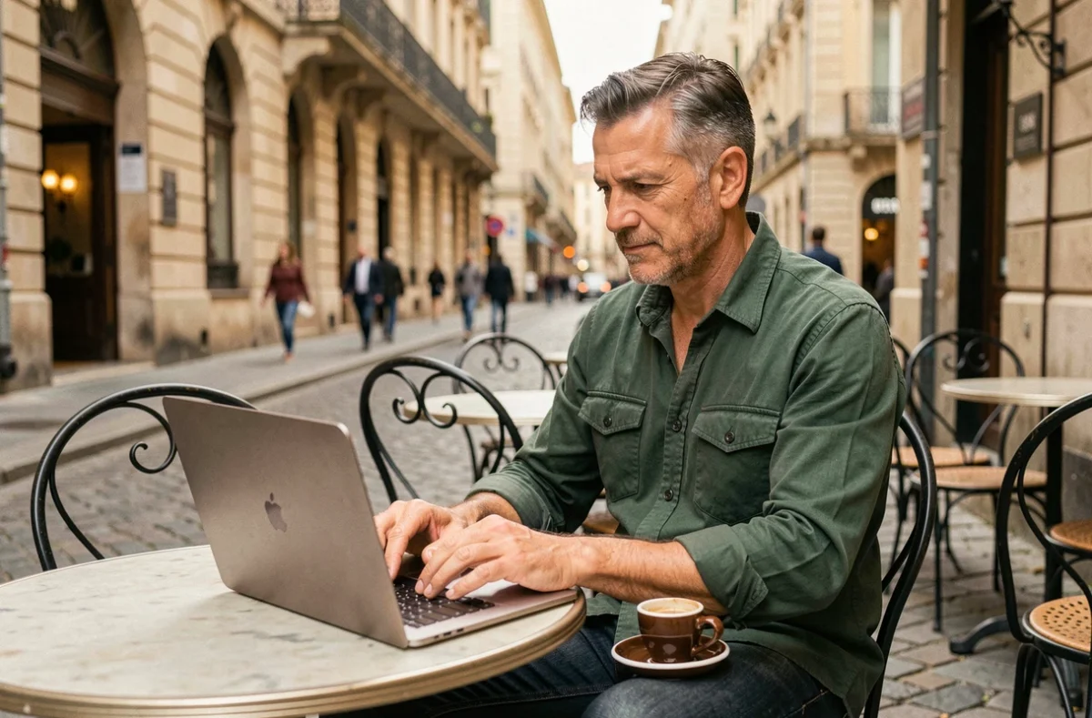 Travailleur indépendant en portage salarial travaillant en terrasse à Lyon Presqu'île
