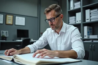 Ingénieur qualité consultant un dossier technique de construction dans un bureau industriel moderne