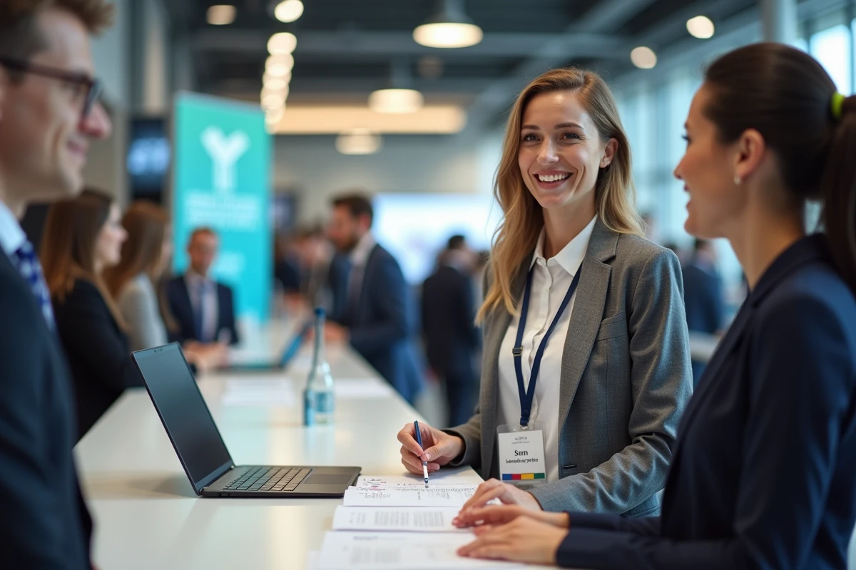 Femme d'affaires s'inscrivant à l'accueil d'un salon B2B professionnel avec badge nominatif