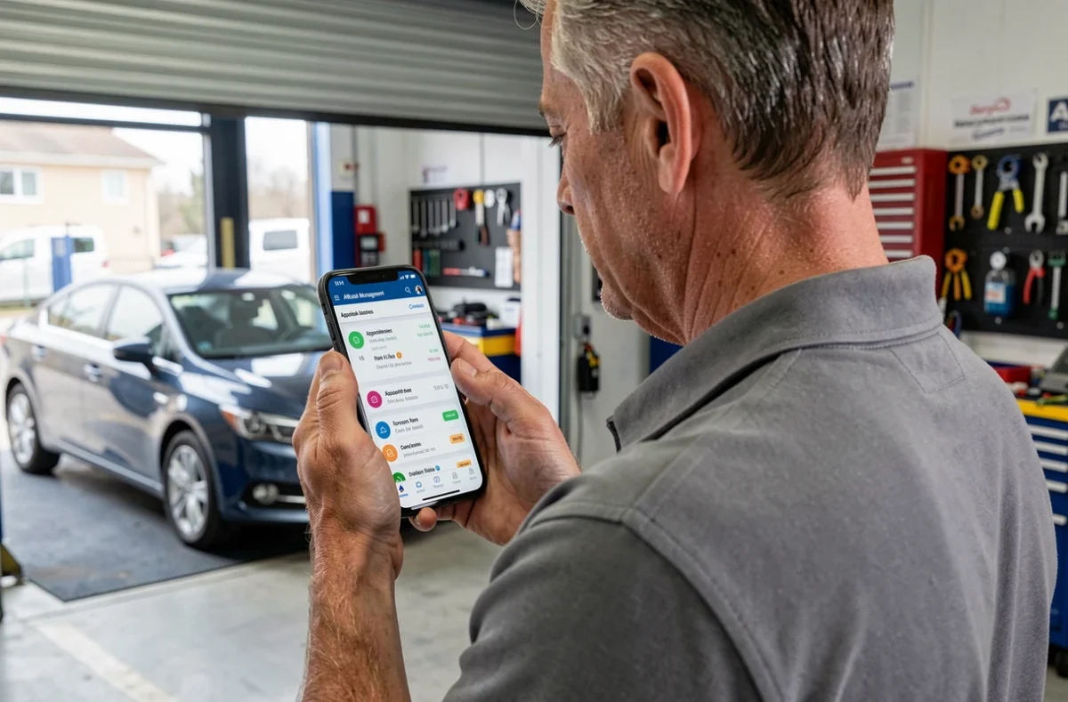 Inspecteur de contrôle technique consultant l'espace affilié Sécuritest sur smartphone depuis l'atelier