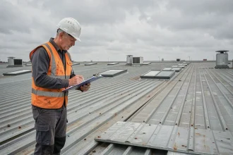 Technicien spécialisé inspectant une toiture industrielle en acier sur un grand bâtiment industriel