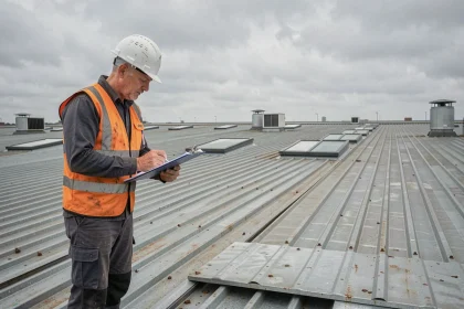 Technicien spécialisé inspectant une toiture industrielle en acier sur un grand bâtiment industriel
