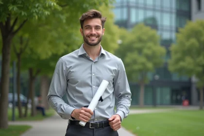Jeune diplômé en environnement tenant son diplôme devant un campus universitaire entouré de verdure