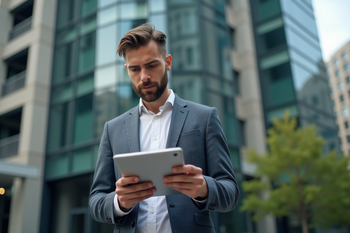 Jeune entrepreneur regardant des données en extérieur