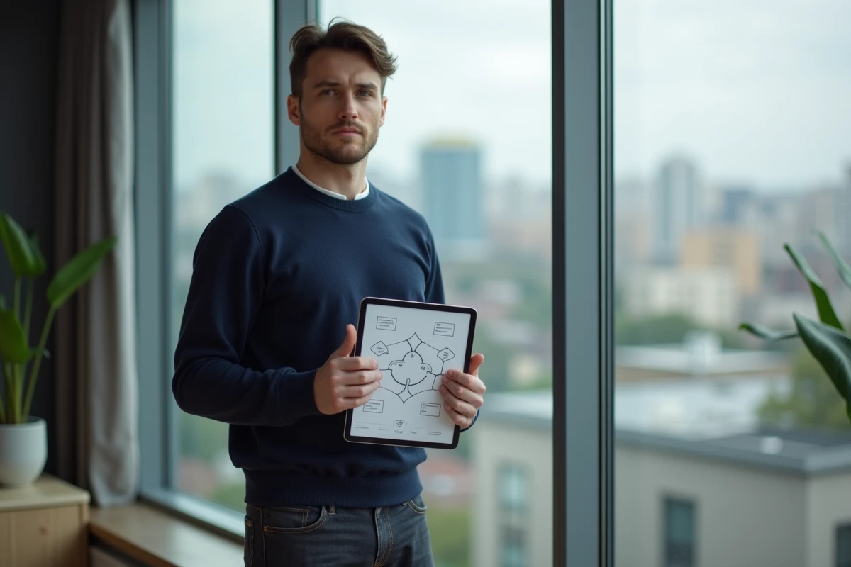 Jeune entrepreneur consultant un outil de validation d'idée business sur tablette dans un bureau à domicile moderne