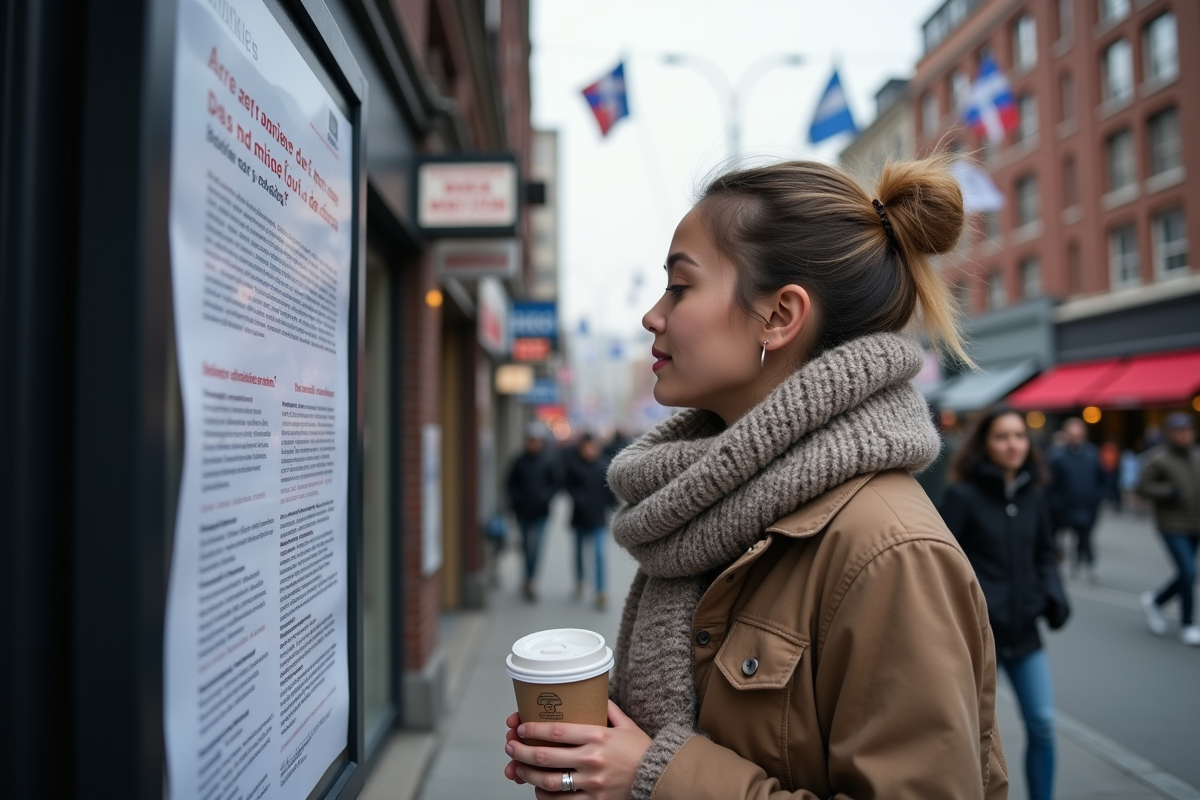Jeune femme lit une affiche dans la rue à Montréal