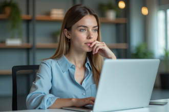 Jeune femme concentrée travaillant sur son ordinateur dans un bureau moderne