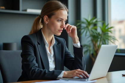 Jeune femme d'affaires au bureau travaillant sur son ordinateur