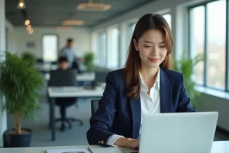 Jeune femme en bureau moderne travaillant sur son profil en ligne