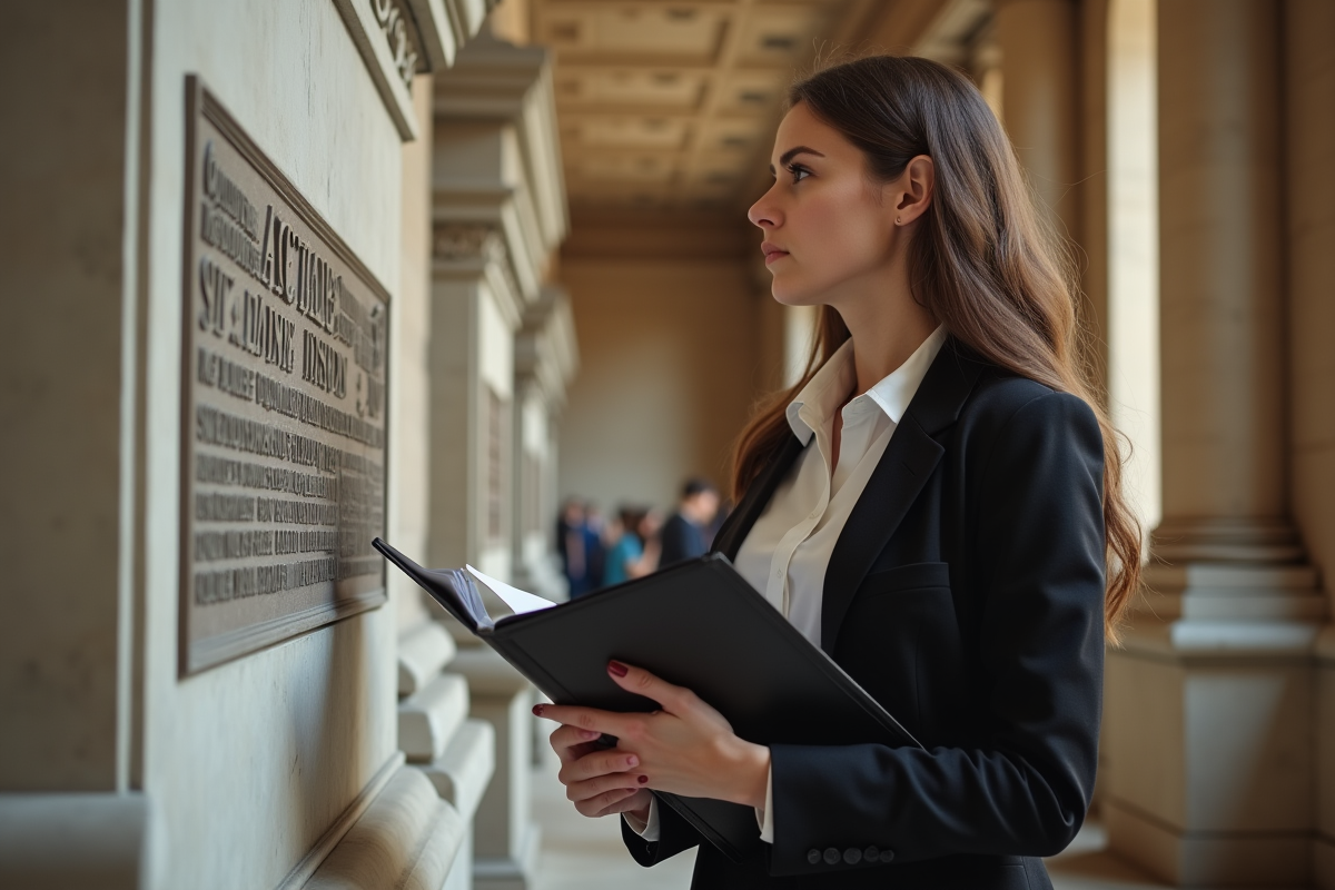 Jeune femme dans un couloir de tribunal regardant une plaque