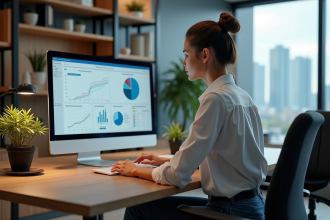 Jeune femme concentrée utilisant un logiciel ERP sur son ordinateur